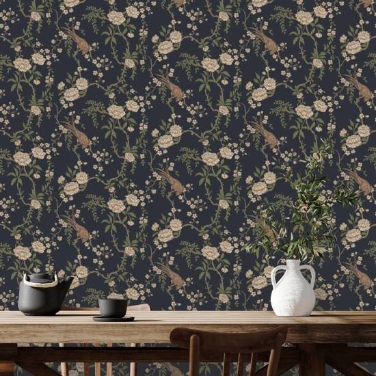 Floral Bird Toile Black Wallpaper