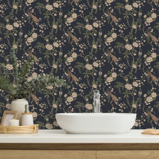 Floral Bird Toilette Schwarze Tapete