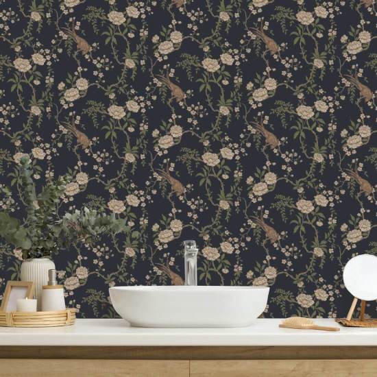 Floral Bird Toile Musta taustakuva