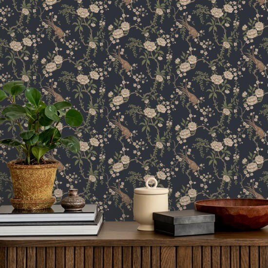 Toile floral para pássaros Papel de parede preto