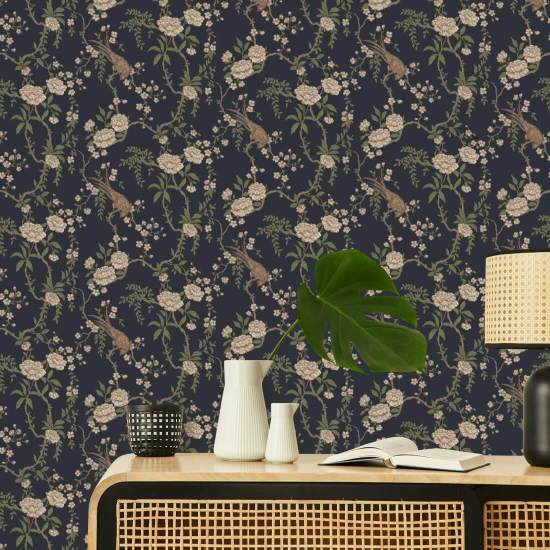 Floral Bird Toile Black Wallpaper