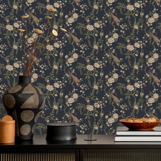 Toile florale pour oiseaux Papier peint noir