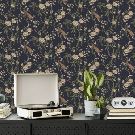 Floral Bird Toile Black Wallpaper