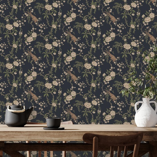 Floral Bird Toile Svart Bakgrunn