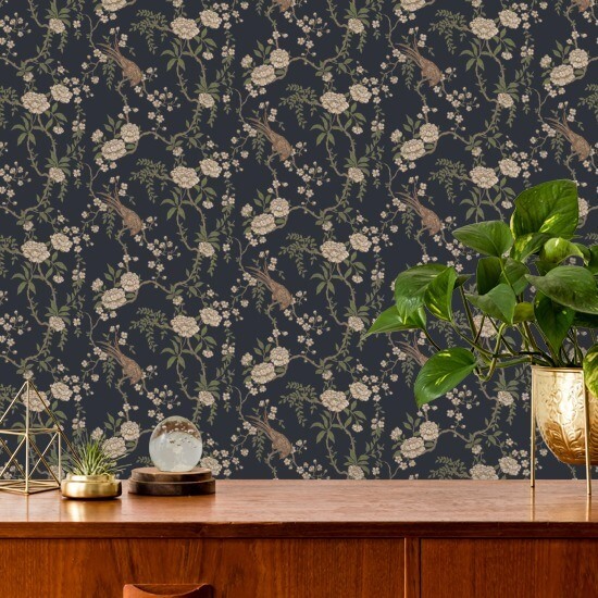 Floral Bird Toile Black Wallpaper