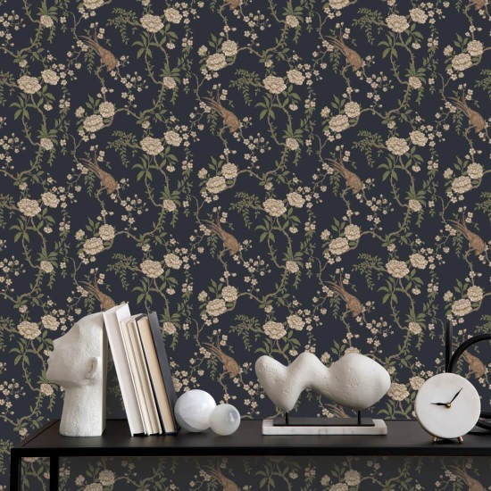 Floral Bird Toile Musta taustakuva