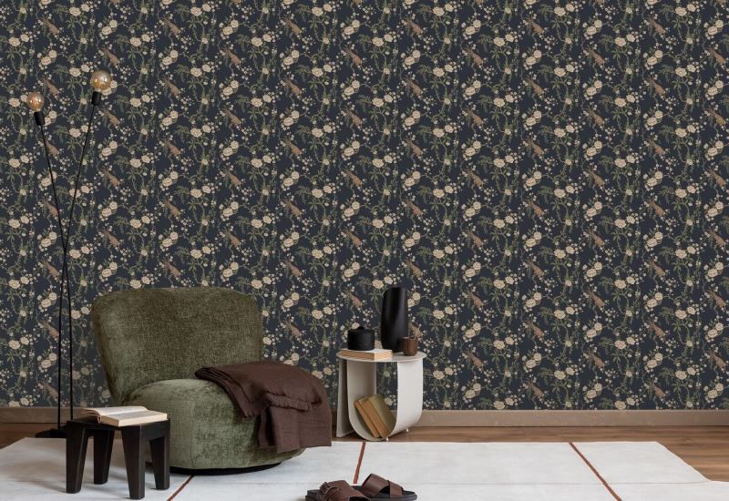 Floral Bird Toilette Schwarze Tapete