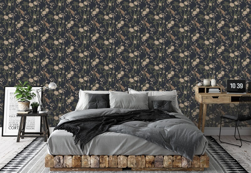 Toile florale pour oiseaux Papier peint noir