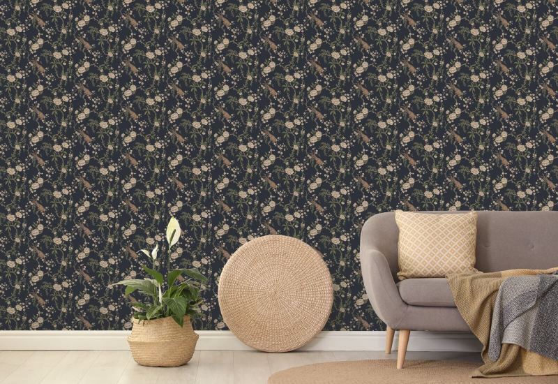Floral Bird Toile Musta taustakuva