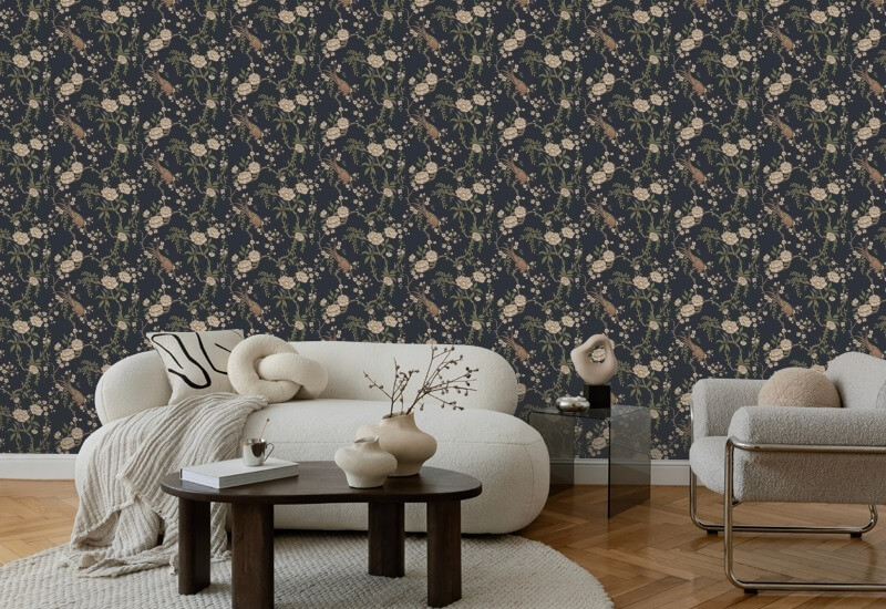 Floral Bird Toile Svart Bakgrund