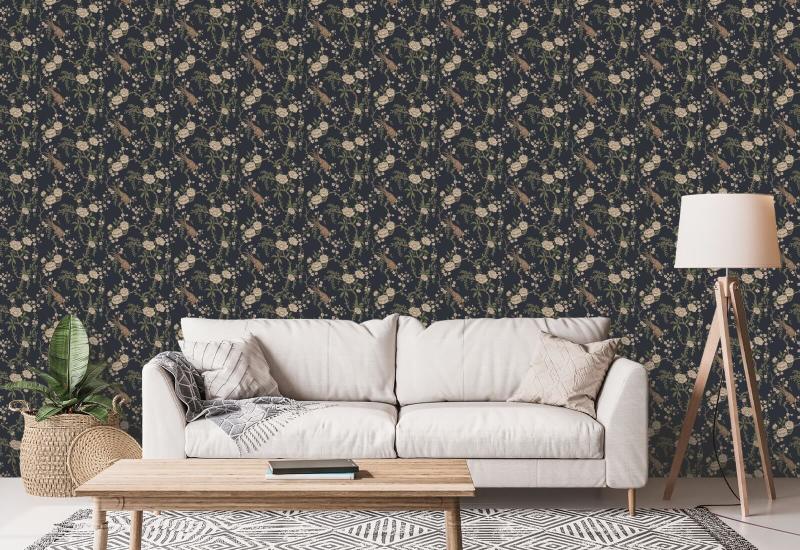 Floral Bird Toile Sort tapet