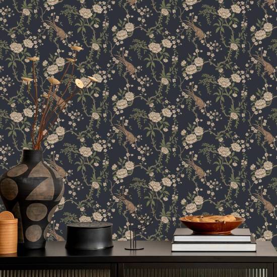 Toile floral para pássaros Papel de parede preto