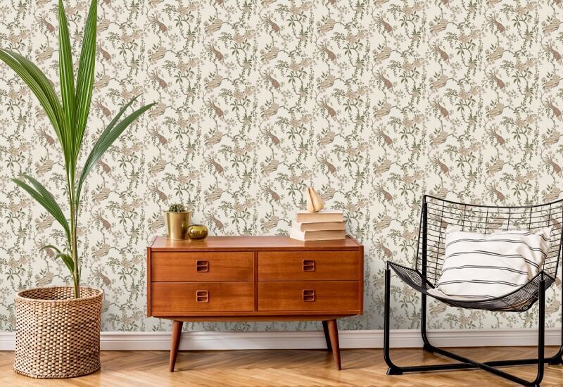 Floral Bird Toile Brown Wallpaper