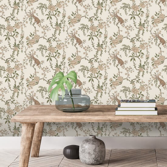 Floral Bird Toile Brown Wallpaper