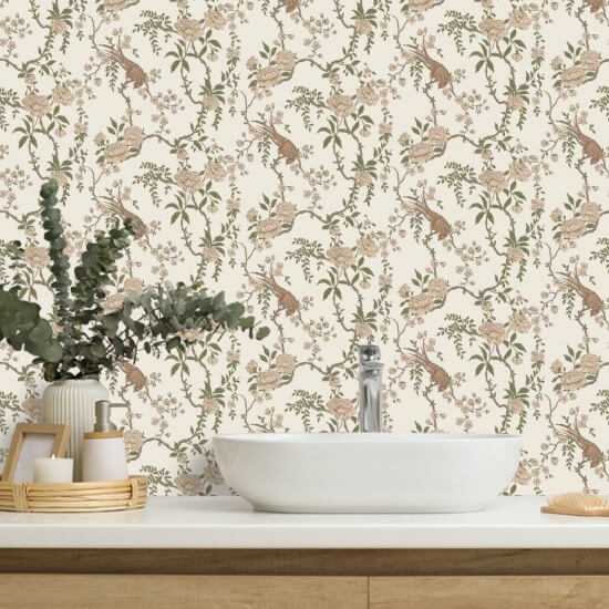 Floral Bird Toilet Bruin behang