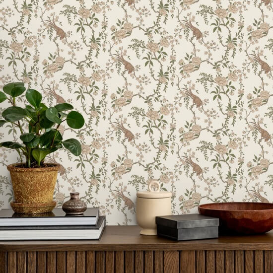Floral Bird Toile Brun Bakgrund
