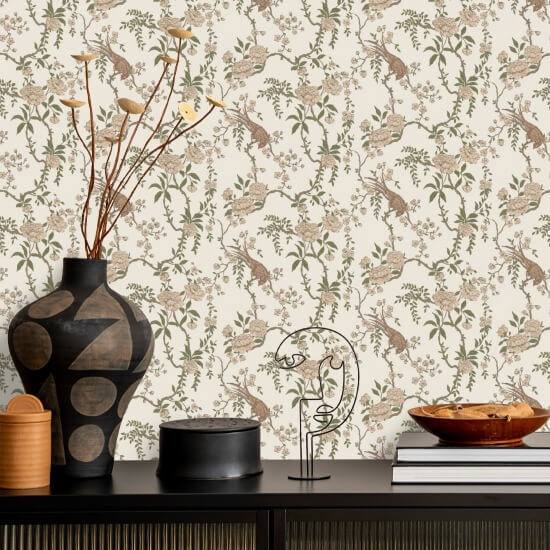 Floral Bird Toile Brown Wallpaper