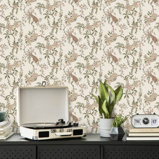 Floral Bird Toile Brown Wallpaper