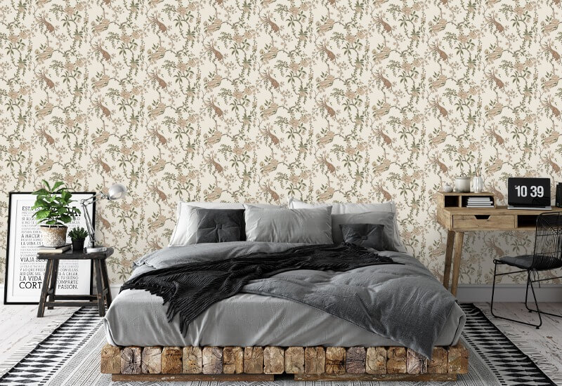 Floral Bird Toile Brown Wallpaper