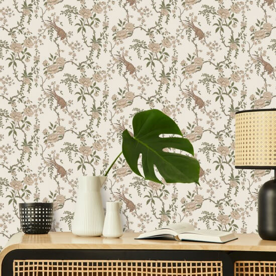 Floral Bird Toile Brown Wallpaper