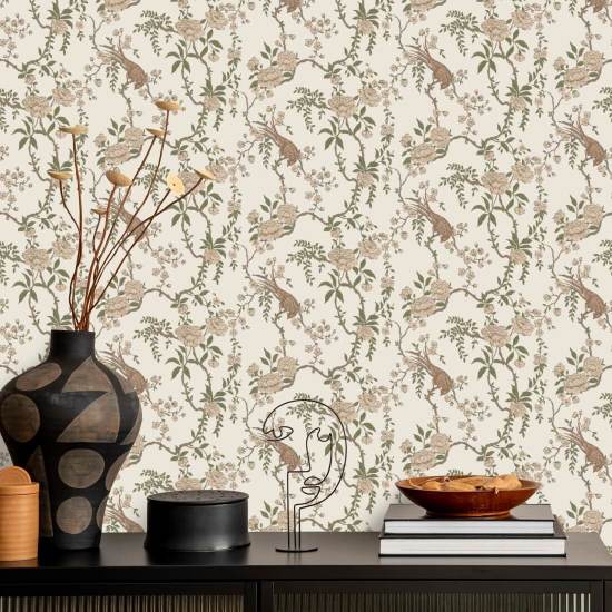 Toile floral para pássaros Papel de parede marrom