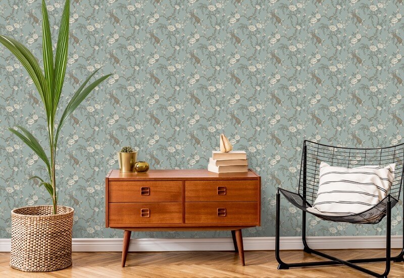 Floral Bird Toile Lyseblå Bakgrunn