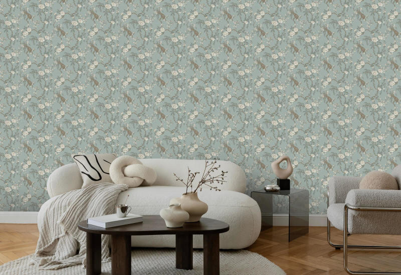 Toile floral para pássaros Papel de parede azul claro