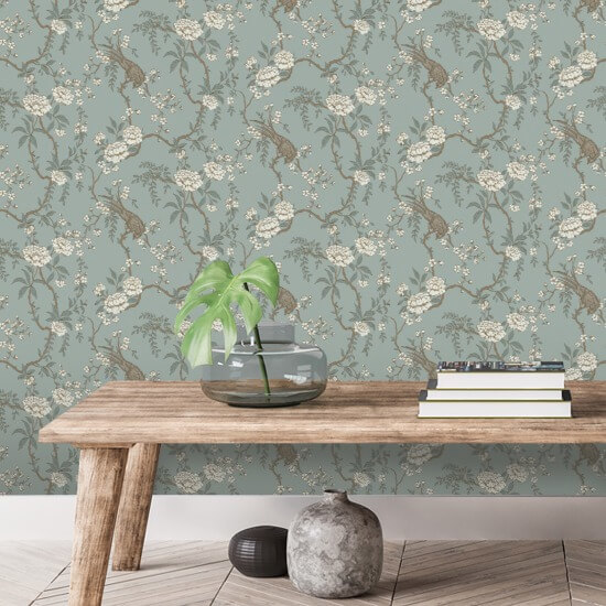 Floral Bird Toile Lyseblå Bakgrunn