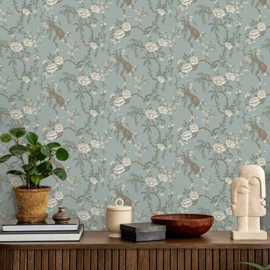 Floral Bird Toile Lyseblå tapet