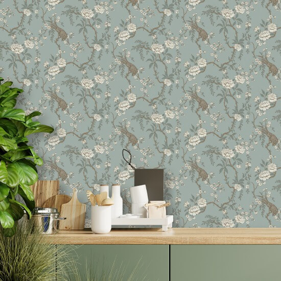 Floral Bird Toile Light Blue Wallpaper