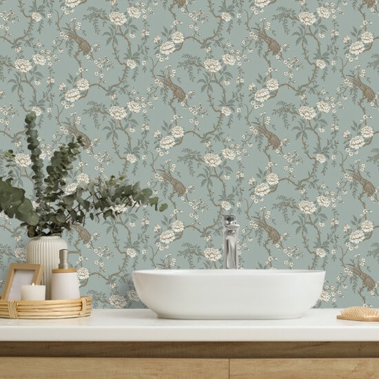 Floral Bird Toilet Lichtblauw behang