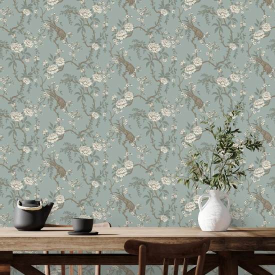 Toile floral para pássaros Papel de parede azul claro