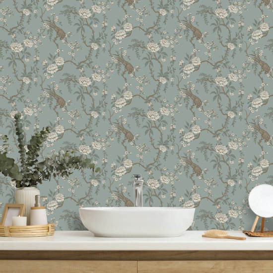 Floral Bird Toilet Lichtblauw behang