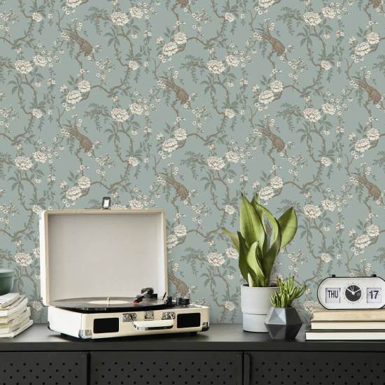 Floral Bird Toile Ljusblå Bakgrund