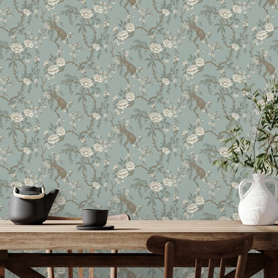 Toile florale pour oiseaux Papier peint bleu clair