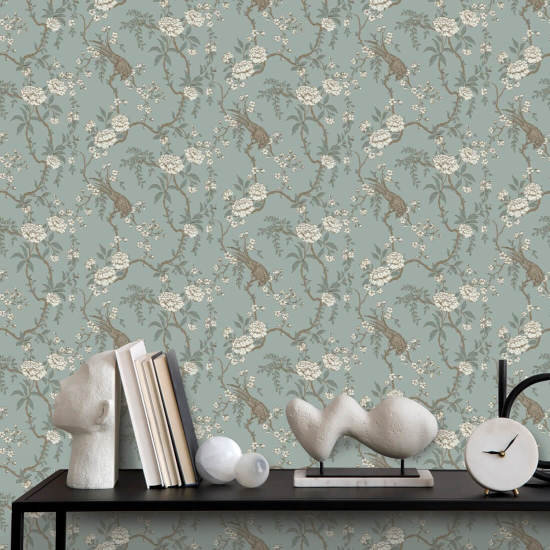 Floral Bird Toile Lyseblå Bakgrunn