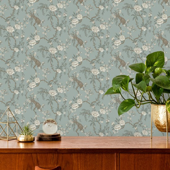 Floral Bird Toilette Hellblaue Tapete