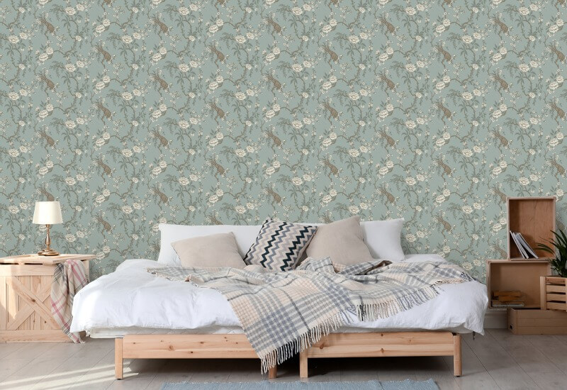 Floral Bird Toile Light Blue Wallpaper