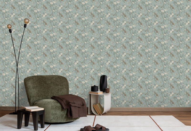 Floral Bird Toile Lyseblå Bakgrunn