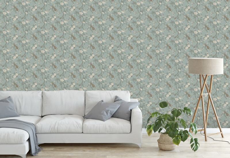 Floral Bird Toile Lyseblå Bakgrunn