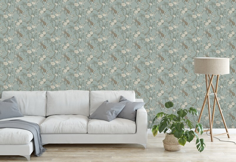 Floral Bird Toile Light Blue Wallpaper