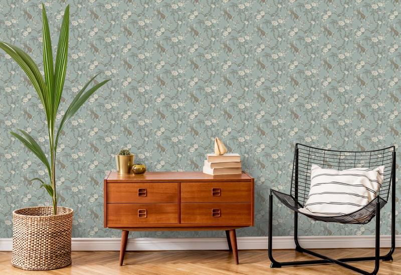 Floral Bird Toilet Lichtblauw behang