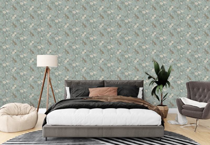 Floral Bird Toile Light Blue Wallpaper