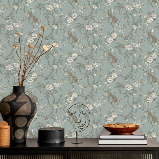 Floral Bird Toilet Lichtblauw behang