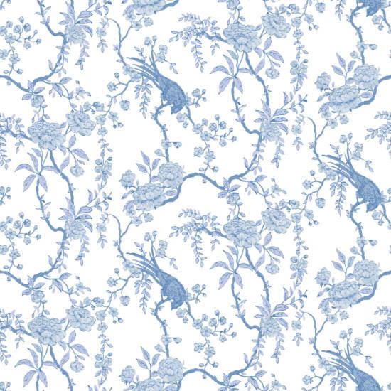 Floral Bird Toile Blå Bakgrund