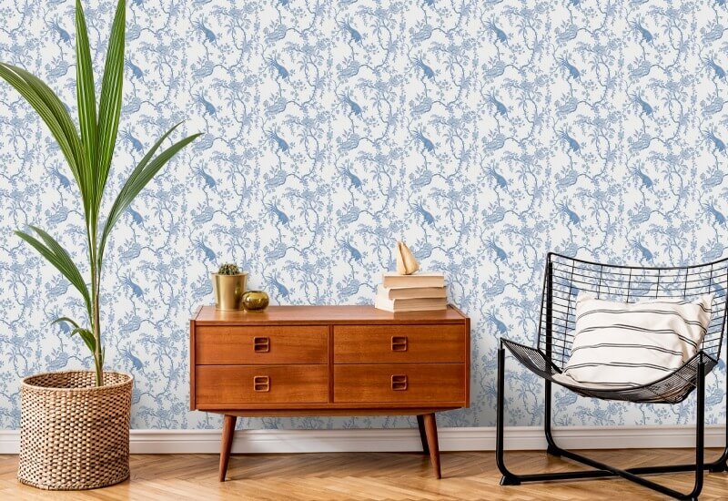 Floral Bird Toile Blå tapet