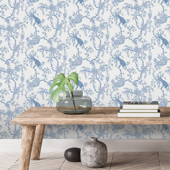 Floral Bird Toile Blue Wallpaper