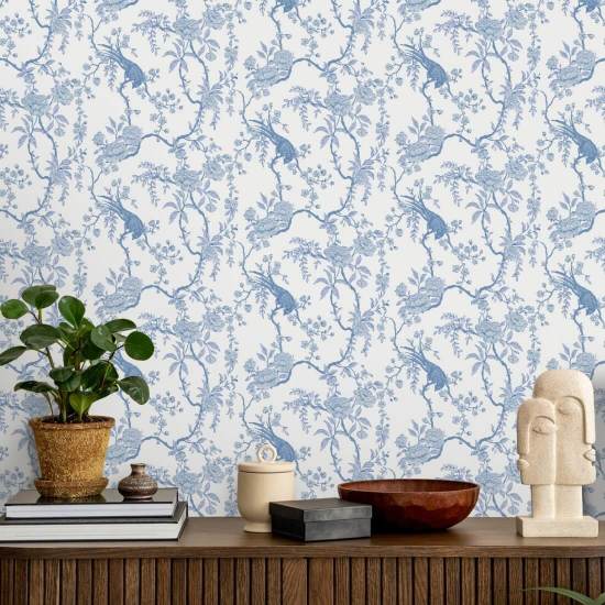 Toile floral para pássaros Papel de parede azul