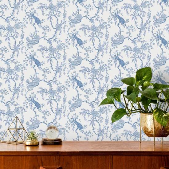 Floral Bird Toilet Blauw behang