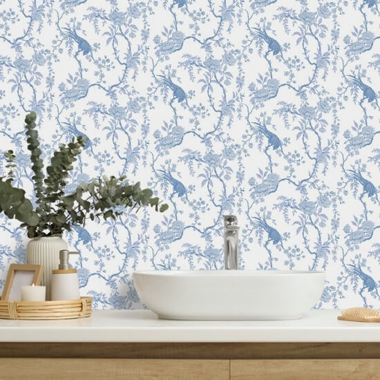 Floral Bird Toile Blue Wallpaper